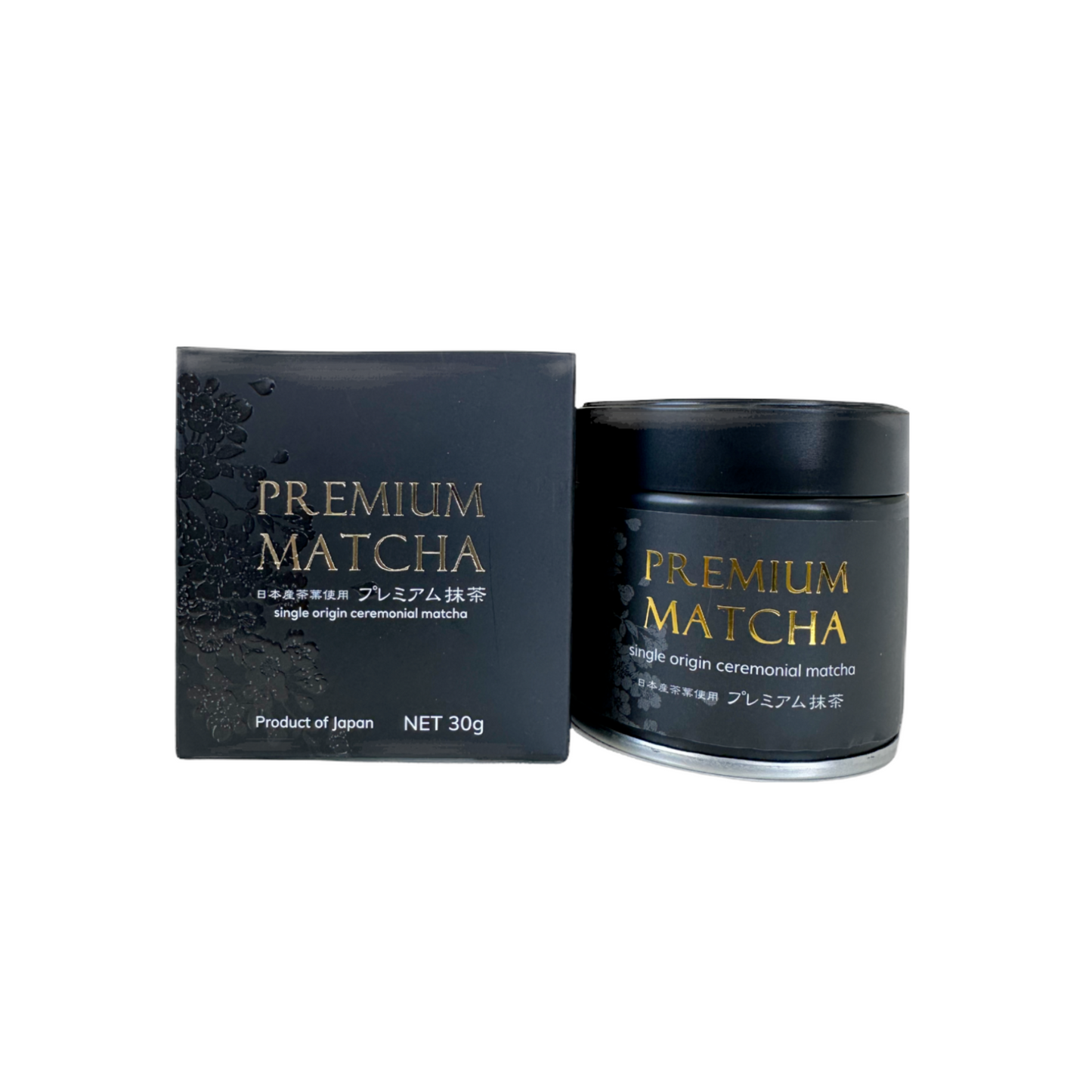 Black matcha tin and packaging of Premium Matcha Uji Kyoto Black Edition on a white background