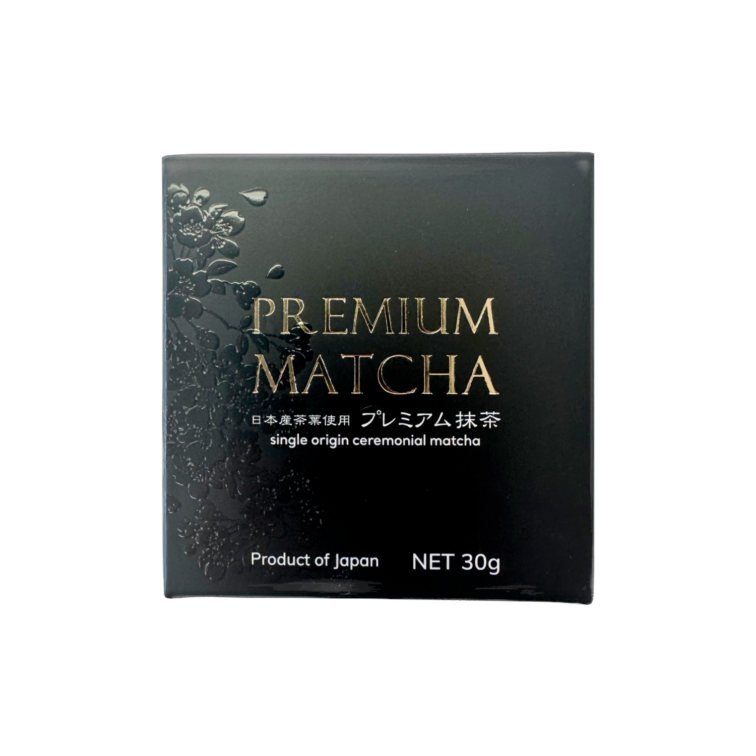 Black box of Premium Matcha Uji Kyoto Black Edition with gold text on a white background